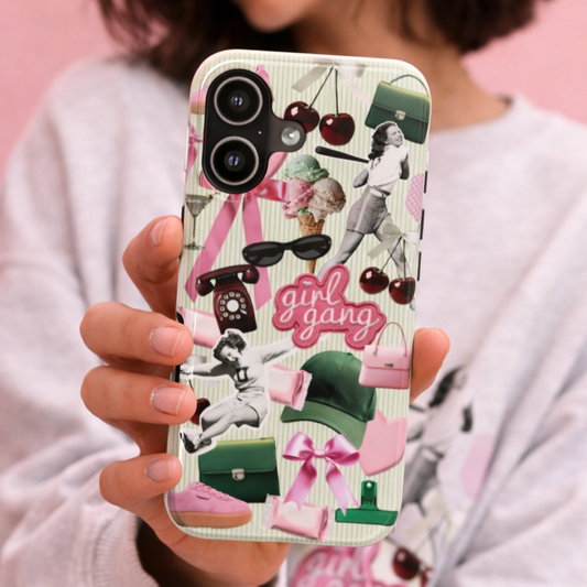 Girl Gang Collage Tough Phone Case - Retro Cherry, Pink & Green Pattern