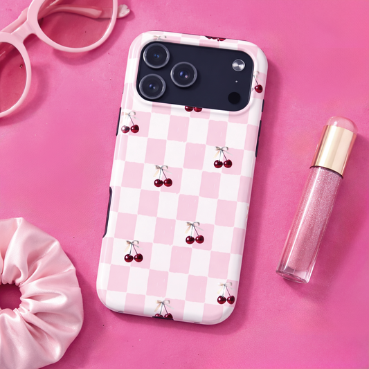 Cherry Checker Tough Phone Case - Cute Pink Retro Cherry Pattern
