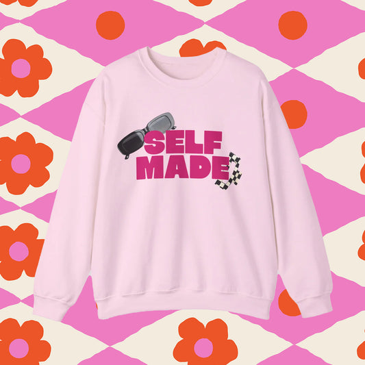Self Made Crewneck Sweatshirt - Bold Pink Graphic with Sunglasses & Checker Accent